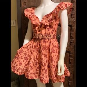 Coral dress, flutter detail, scoop neckline